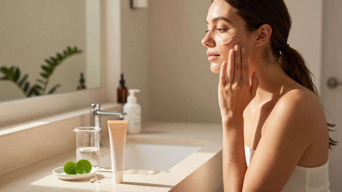 Mulher aplicando creme no rosto em banheiro iluminado, com produtos de skincare ao lado da pia.