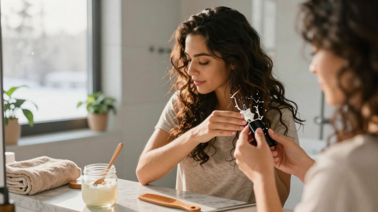 Mulher aplicando óleo capilar nos braços em frente a espelho em ambiente iluminado.