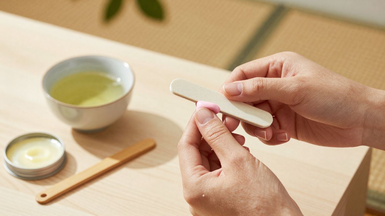 Mãos lixando unha com lixa branca sobre mesa com creme e xícara de chá verde.