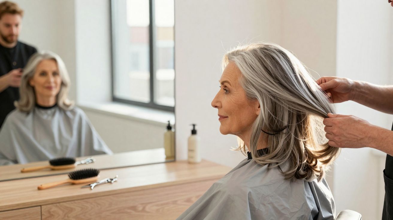 Mulher madura com cabelo grisalho sendo atendida por cabeleireiro em salão de beleza moderno.