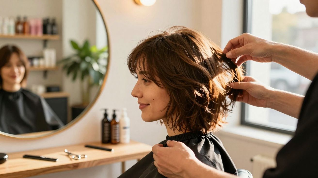 Mulher sorrindo enquanto cabeleireiro arruma seu cabelo curto em salão com espelho redondo.