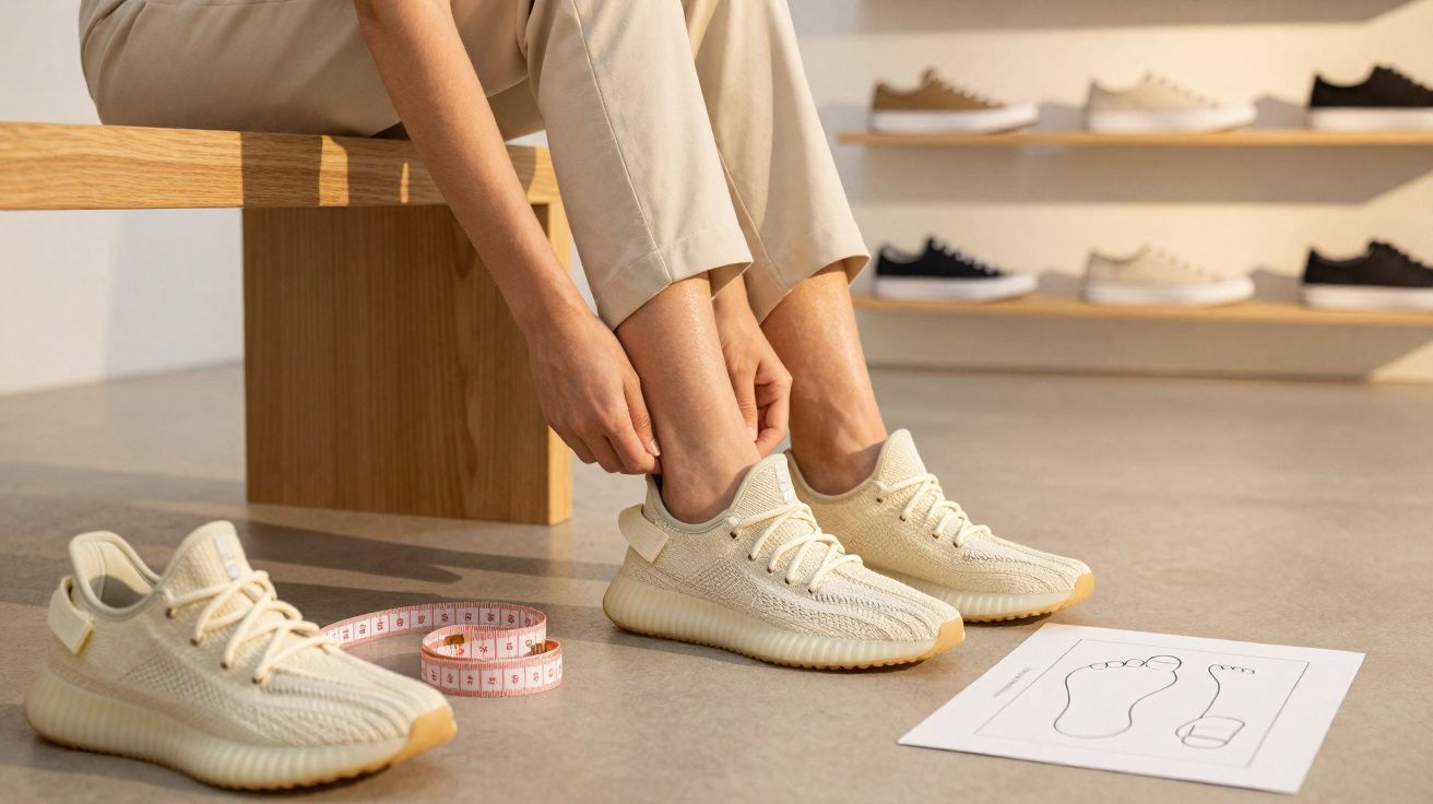 Pessoa sentada calçando tênis bege em loja com fita métrica e desenho de pés no chão.