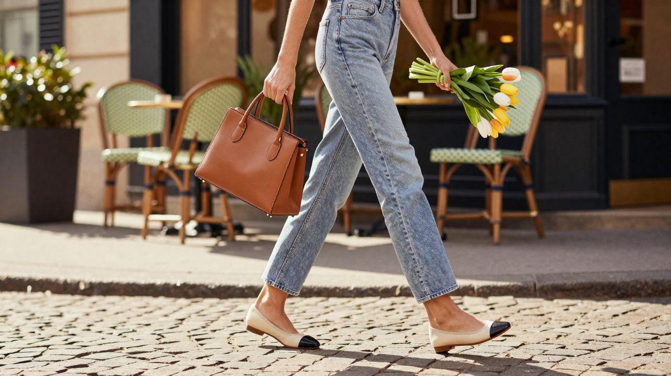 Pessoa caminhando na calçada com jeans, sapatilhas bege e preta, bolsa marrom e buquê de tulipas.