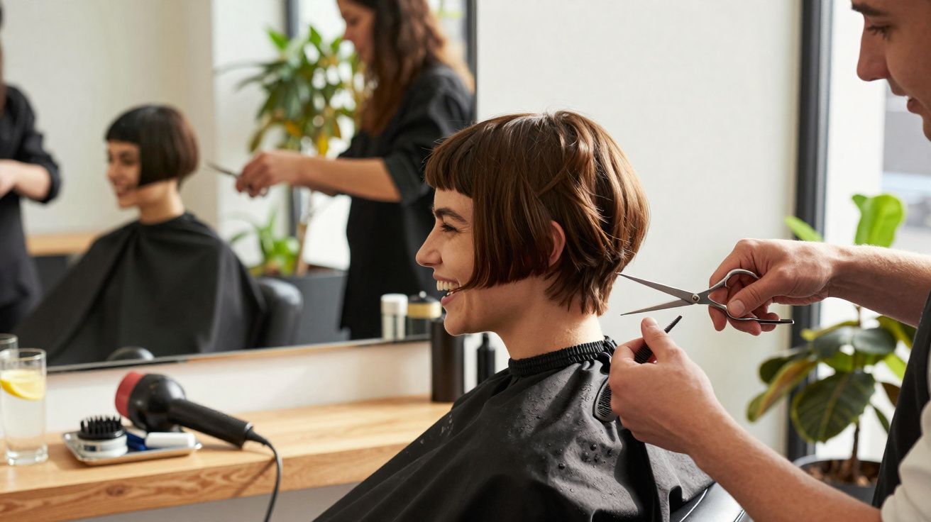Cliente sorridente recebendo corte de cabelo curto em salão moderno com espelho e plantas ao fundo.