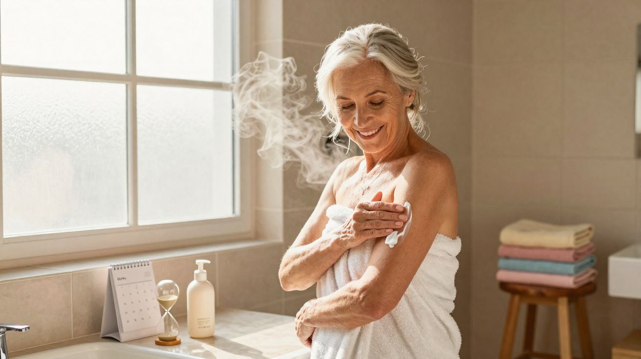 Mulher idosa aplicando creme no braço em banheiro iluminado, com toalhas dobradas ao fundo.