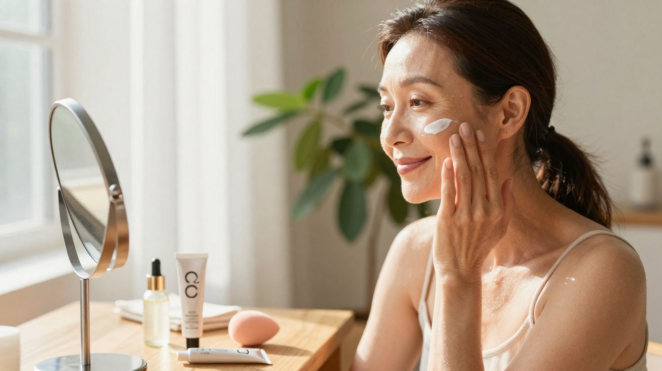 Mulher sorrindo aplica creme facial em frente ao espelho em ambiente iluminado e aconchegante.