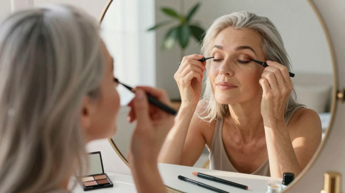Mulher madura aplicando maquiagem nos olhos em frente ao espelho redondo.