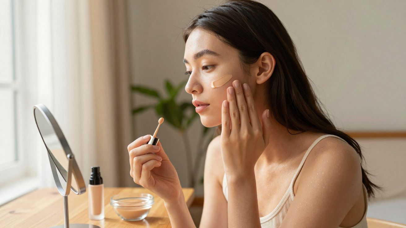 Mulher aplicando corretivo no rosto enquanto se olha no espelho em mesa de madeira próximo à janela.