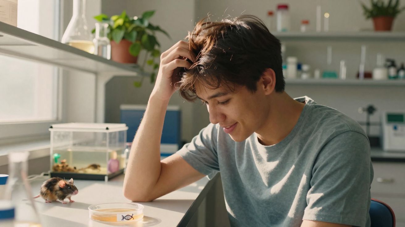 Jovem observando um rato em laboratório científico, com vidro e plantas ao fundo.