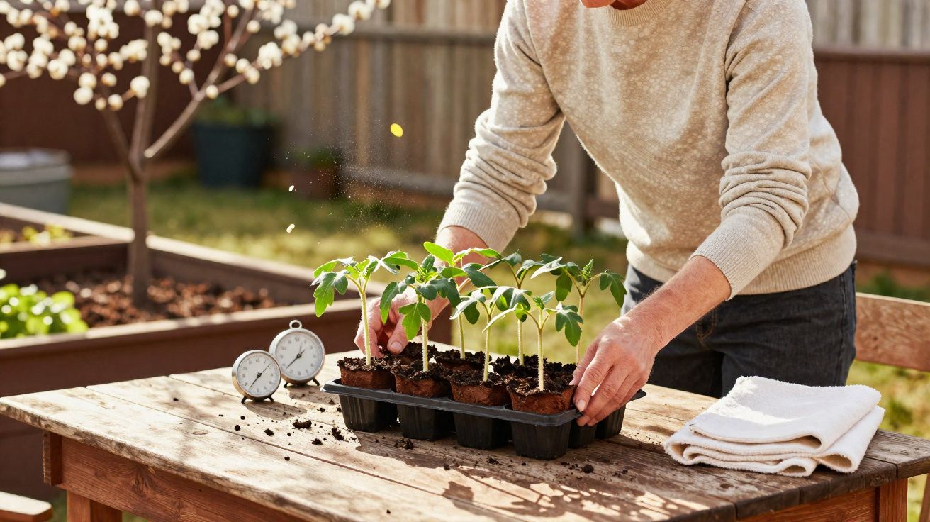 Pessoa cuidando de mudas de plantas em bandeja sobre mesa de madeira ao ar livre.