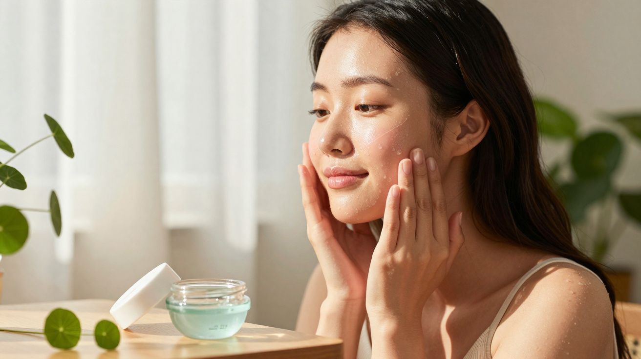 Mulher aplicando hidratante facial com pote aberto sobre mesa em ambiente iluminado e plantas ao fundo.