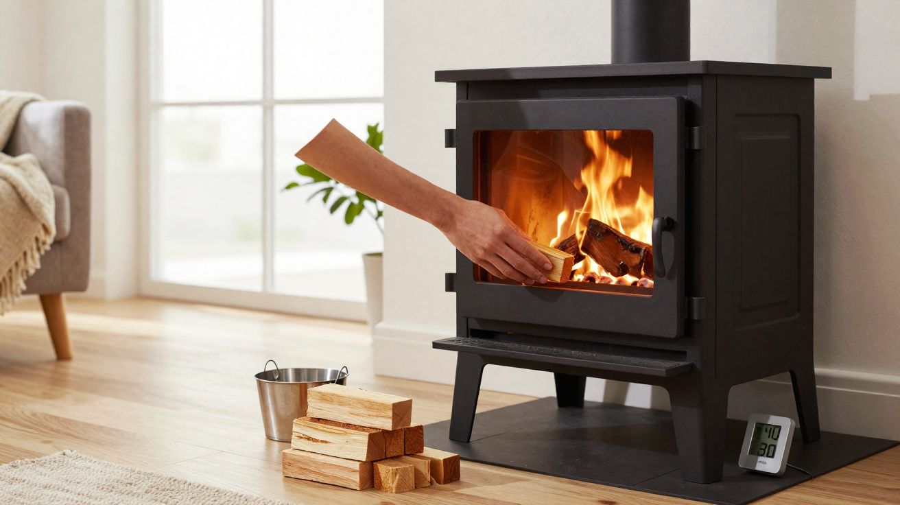 Lareira a lenha preta acesa com mão colocando papel para alimentar o fogo em sala iluminada.