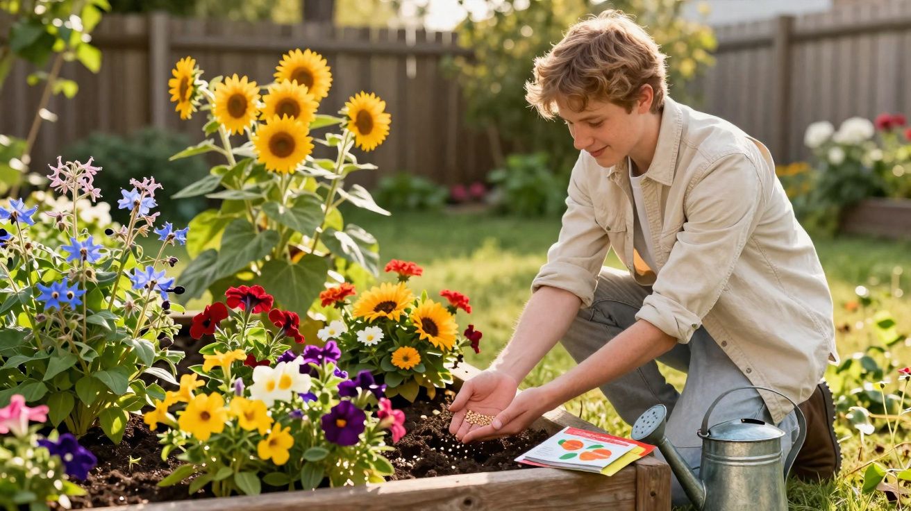 Pessoa plantando sementes em canteiro com várias flores coloridas e regador ao lado em jardim ensolarado.