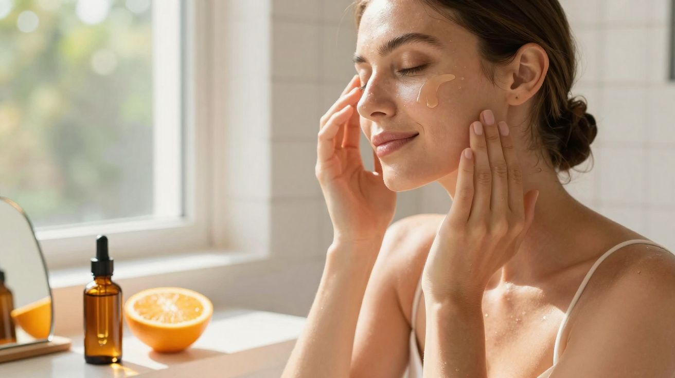 Mulher aplicando sérum facial ao lado de laranja cortada e frascos de cosméticos em banheiro.