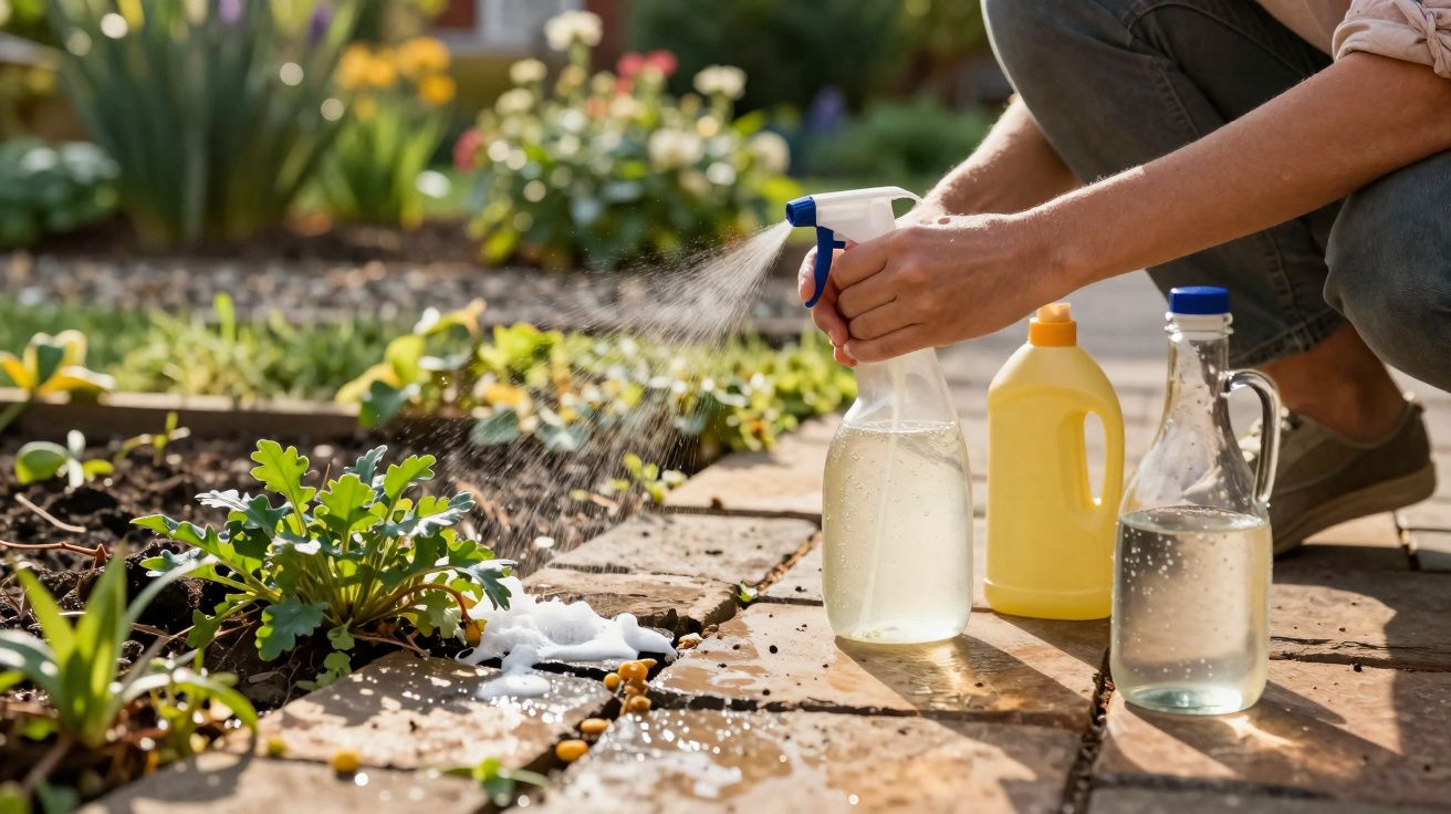 Pessoa borrifando líquido em plantas no jardim com frascos ao lado sobre piso de pedra.