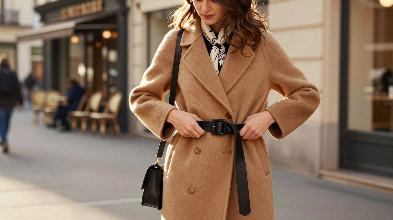 Mulher ajusta cinto preto em casaco bege enquanto está em calçada de rua urbana.