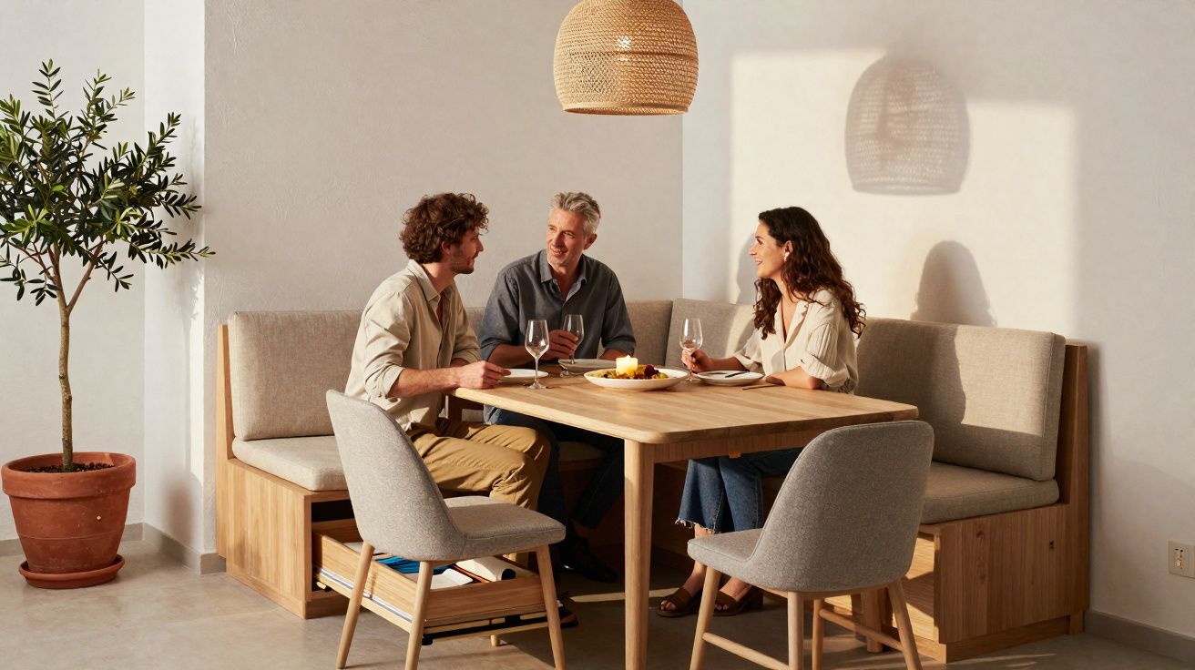 Três pessoas conversando em uma sala com mesa de madeira, cadeiras estofadas e planta em vaso.