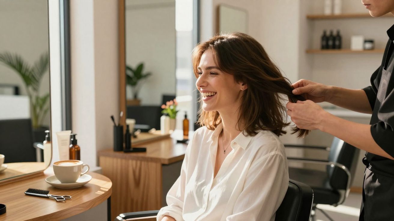 Mulher sorridente sentada em cadeira de salão de beleza enquanto cabeleireiro arruma seu cabelo.