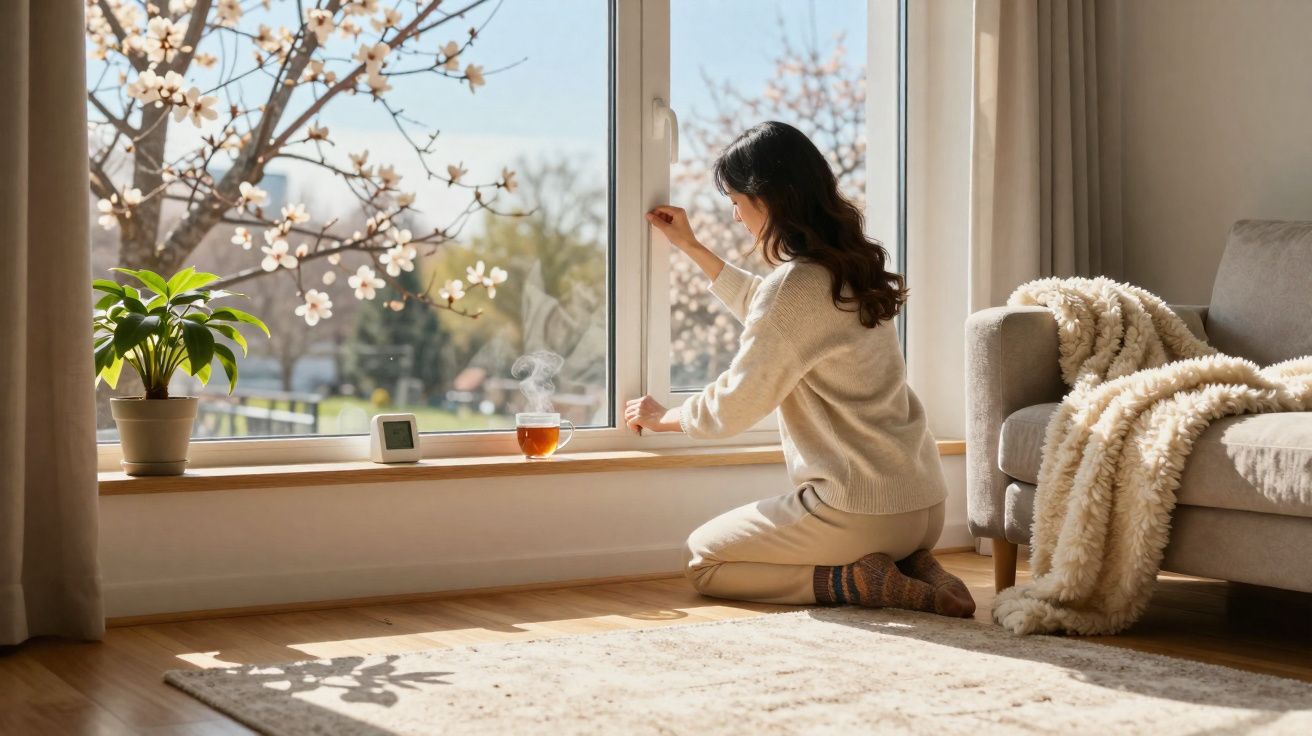 Mulher abrindo janela em casa com xícara de chá e planta, luz natural e decoração aconchegante.