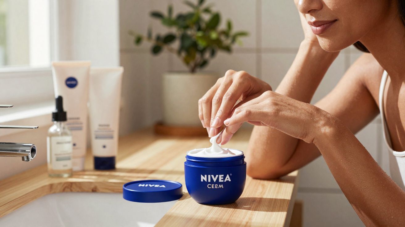 Mulher aplicando creme Nivea em jarro azul sobre bancada de madeira em banheiro iluminado.