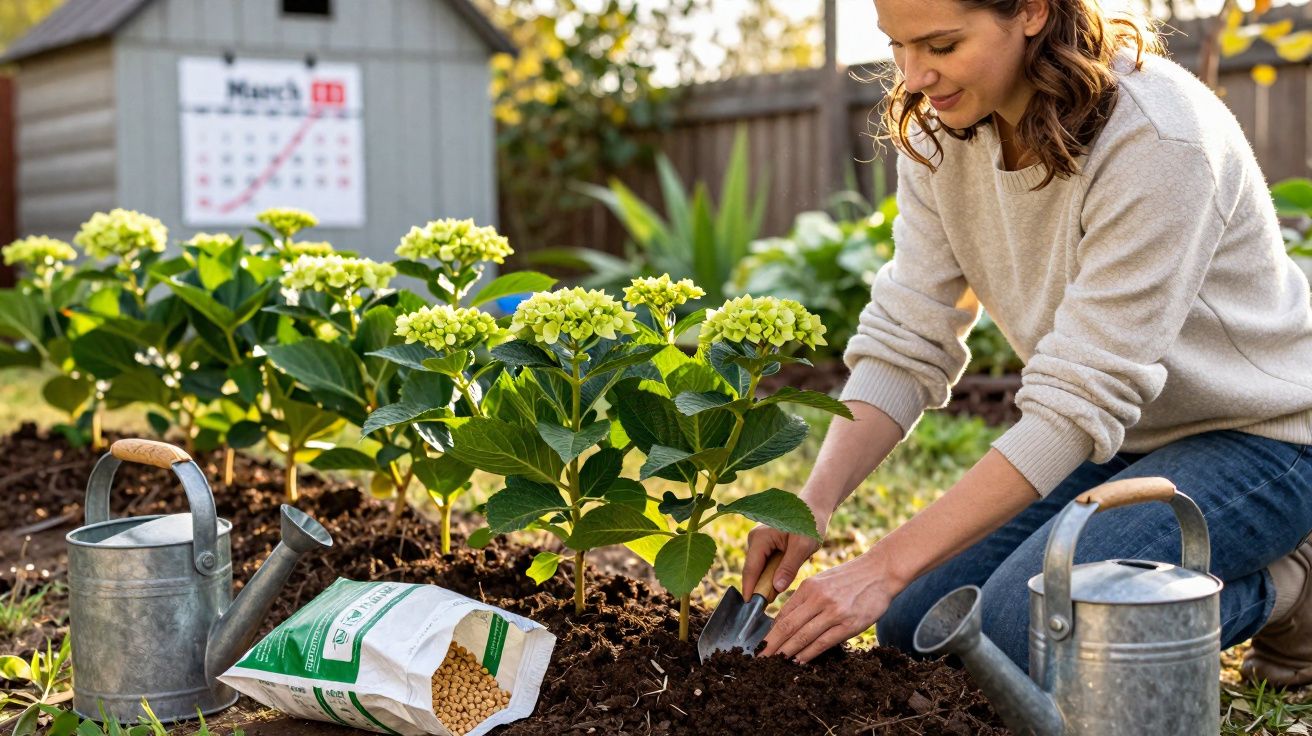 Mulher cuidando de plantas com regadores e adubo em jardim ao ar livre em dia ensolarado.