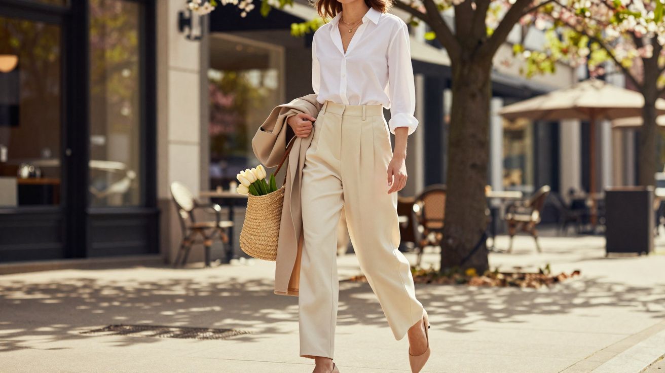 Mulher caminhando na calçada com camisa branca, calça bege, casaco no braço e bolsa com flores tulipas.