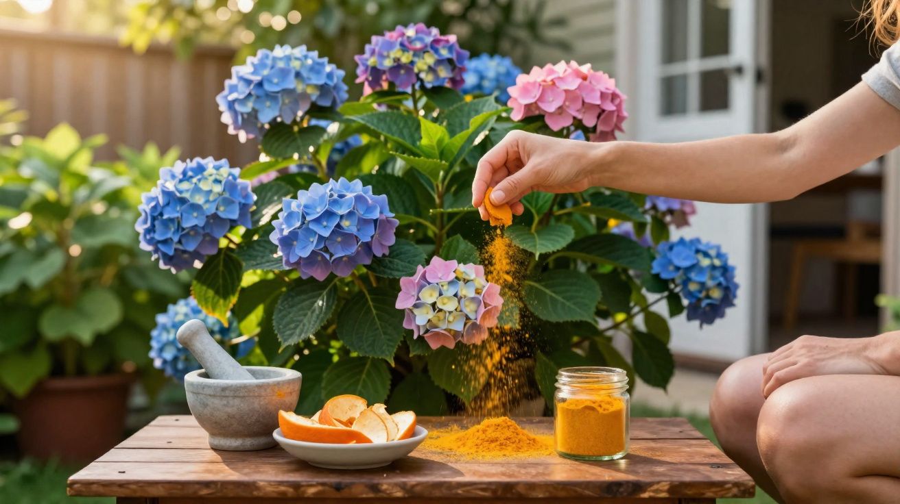 Pessoa aplicando pó laranja em flores hortênsias azuis e rosas em jardim com luz natural.