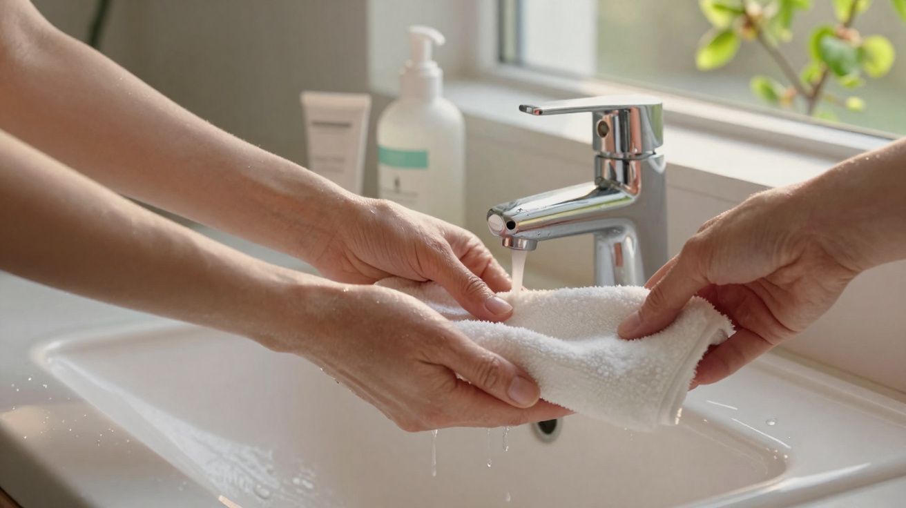 Duas mãos molhando uma toalha branca em uma torneira de banheiro próxima a janela.