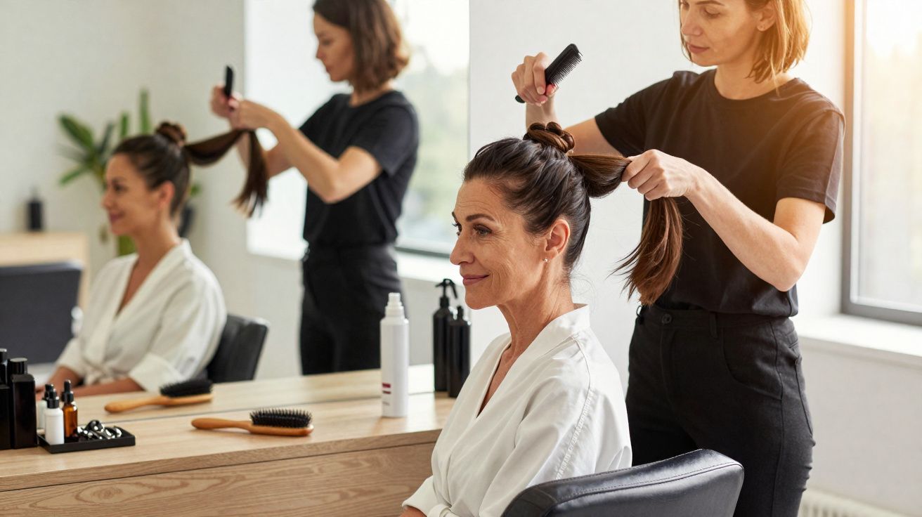 Mulher sorrindo enquanto cabeleireira penteia seu cabelo preso em um salão iluminado.