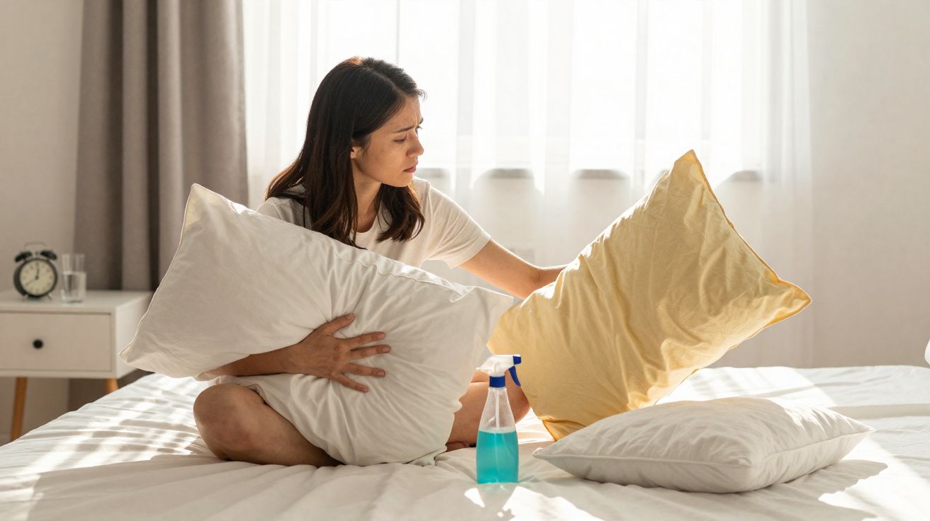 Mulher sentada na cama segurando travesseiros e com frasco de spray azul para limpeza ao lado.