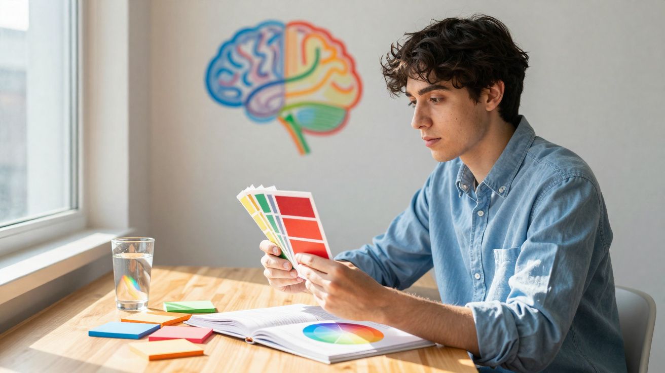 Jovem analisando amostras de cores sentado em mesa com livro de paleta e vidro d'água, atrás desenho colorido de cérebro.