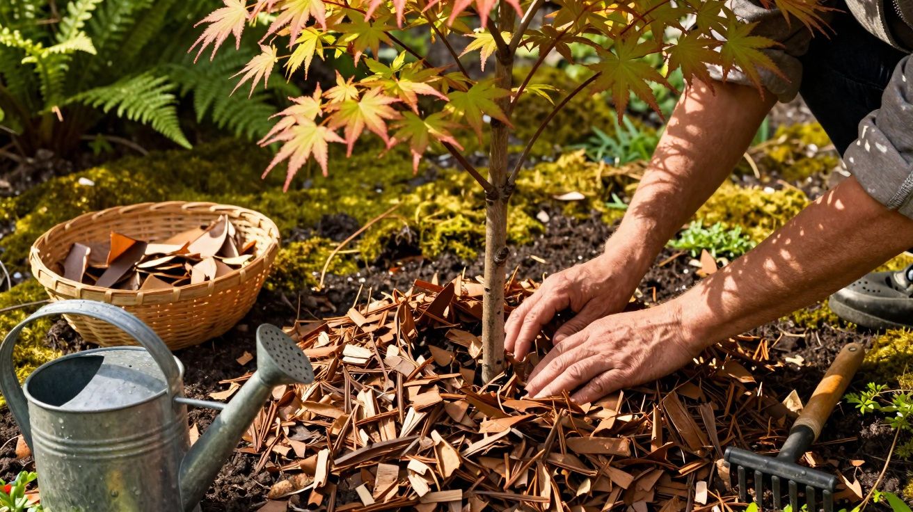 Pessoa cuidando de muda de árvore em jardim com regador, ancinho e cesto de lascas de madeira ao redor.
