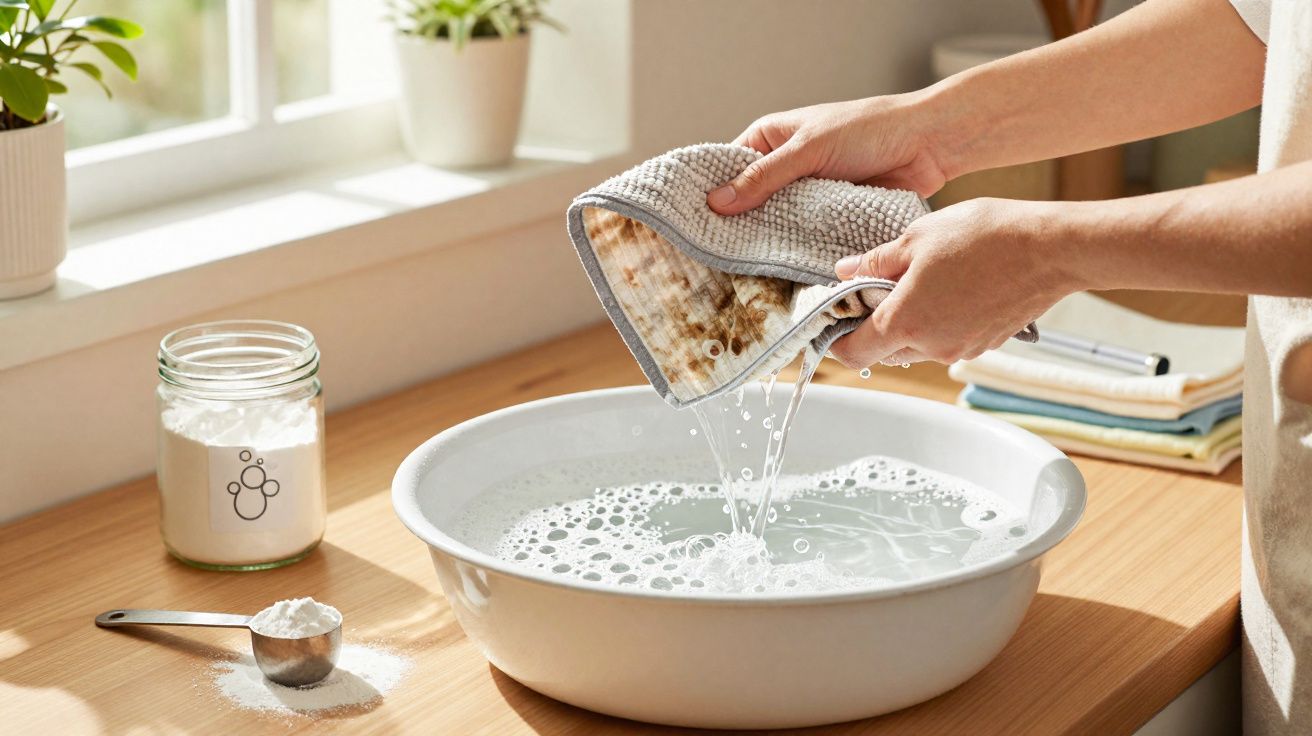 Mãos espremendo um pano sujo de molho sobre bacia com água e bicarbonato em pote e colher.