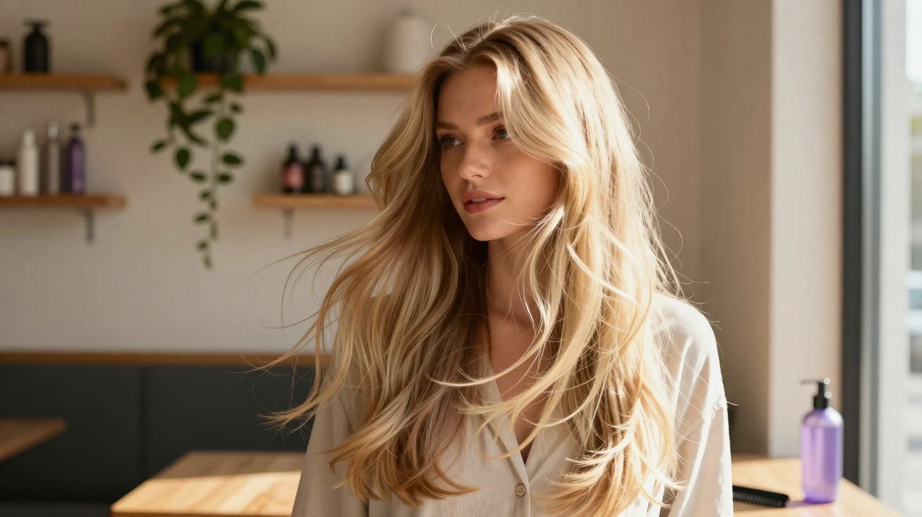 Mulher loira com cabelos compridos e ondulados em ambiente interno iluminado.