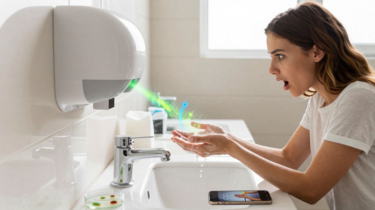 Mulher surpresa ao lavar as mãos em secador automático com luz verde em banheiro moderno.