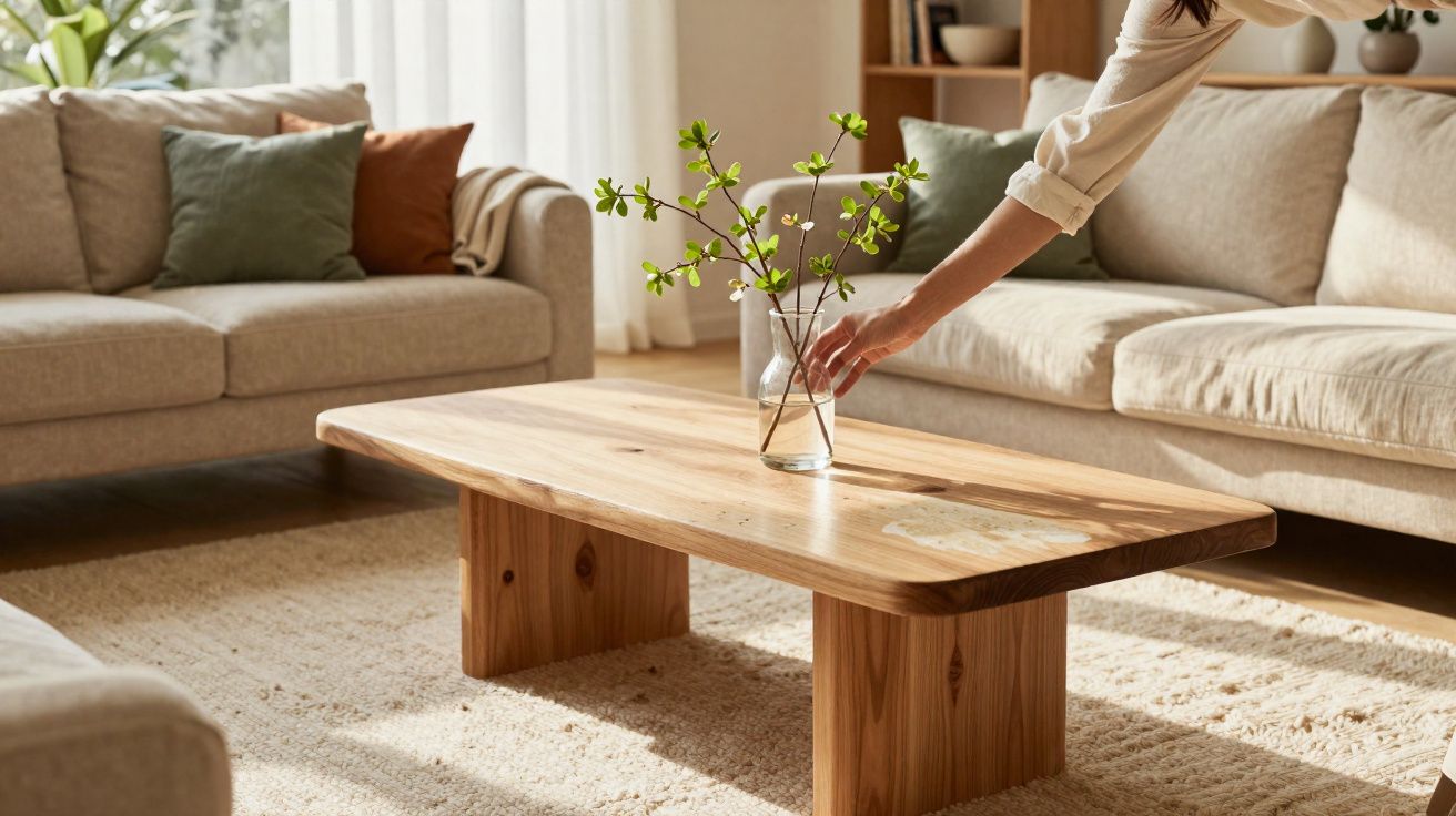 Pessoa colocando vaso com galho verde sobre mesa de madeira em sala com dois sofás bege.