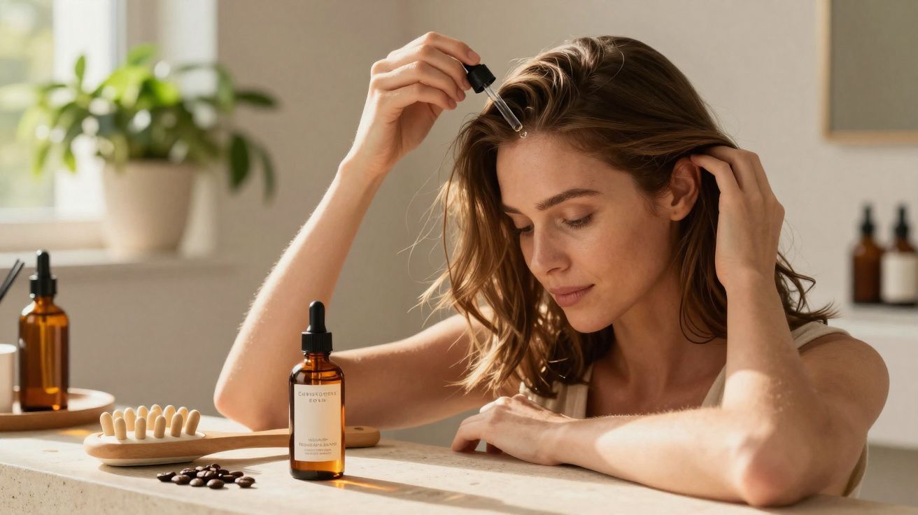 Mulher aplicando óleo capilar com conta-gotas em cabelo, em ambiente iluminado e relaxante.