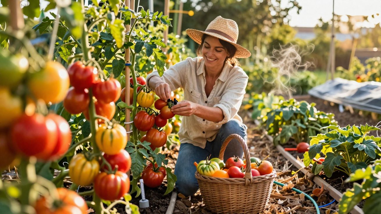 Mulher colhendo tomates maduros em cesta em horta ensolarada ao ar livre.