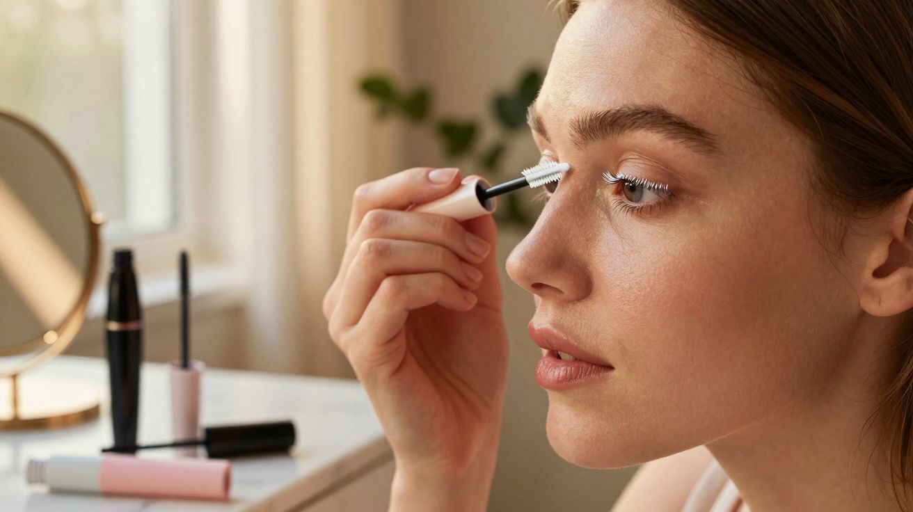 Mulher aplicando máscara branca nos cílios em frente ao espelho numa mesa com produtos de maquiagem.