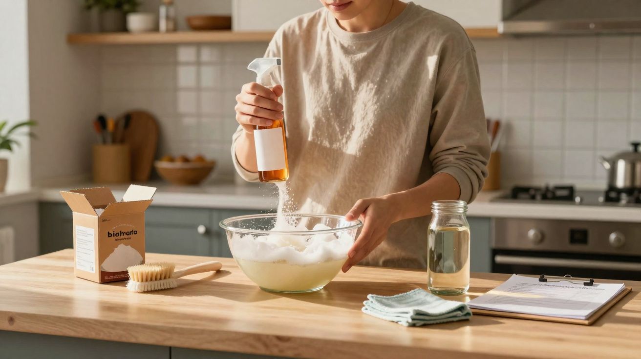 Pessoa preparando mistura de limpeza em recipiente transparente na bancada da cozinha.