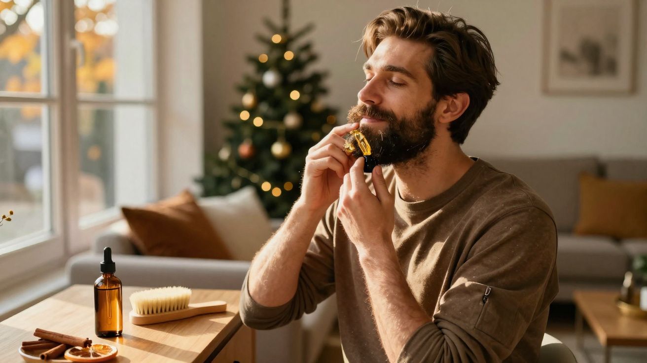 Homem aplicando óleo na barba sentado em mesa com produtos, árvore de Natal desfocada ao fundo.