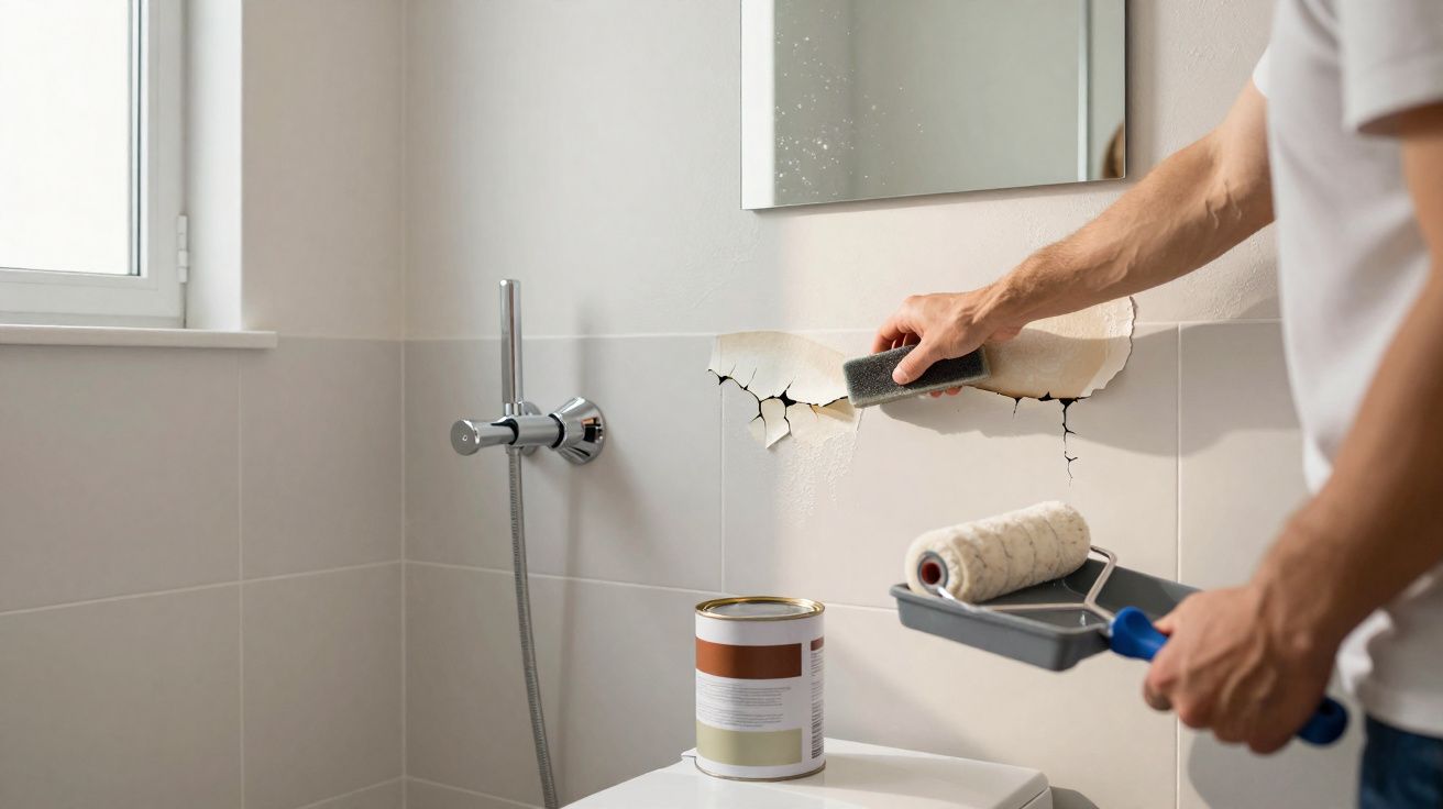 Pessoa raspando parede rachada em banheiro para pintura, com rolo de pintura e lata de tinta sobre o vaso sanitário.