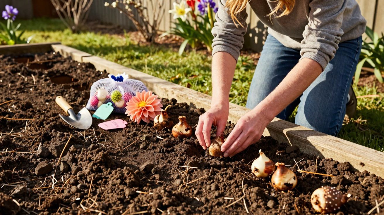 Pessoa plantando bulbos de flores em canteiro de jardim ensolarado com ferramentas ao lado.