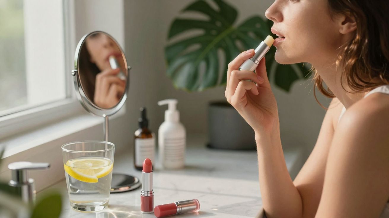 Mulher aplicando protetor labial em frente ao espelho com batons e copo com água e limão na bancada.