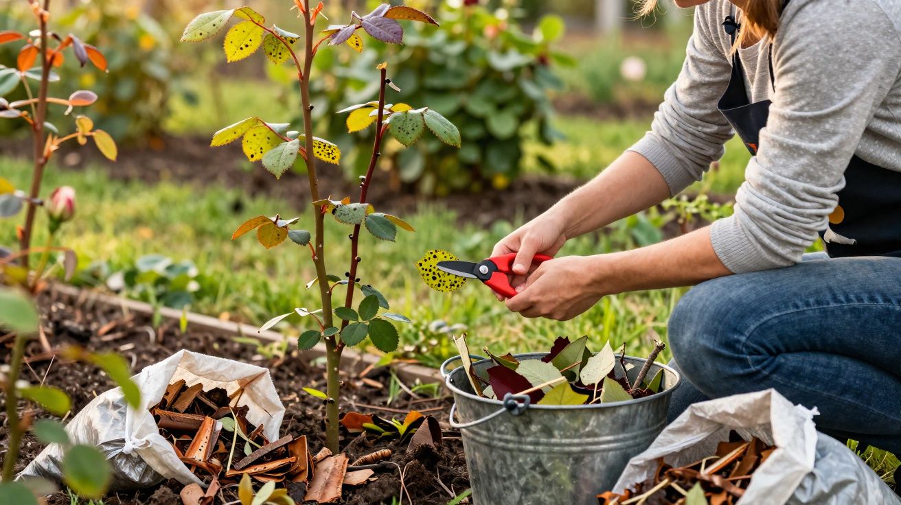 Pessoa podando folhas amareladas em planta com tesoura de jardinagem, com balde e sacos no chão.