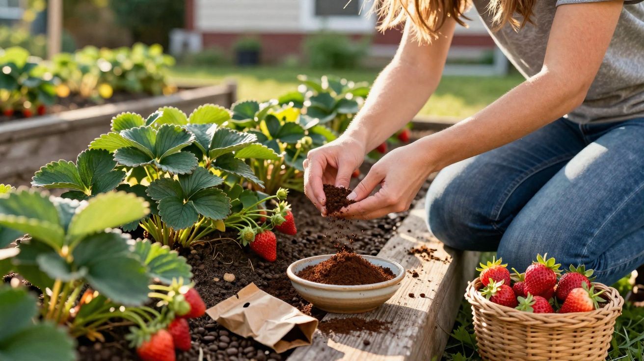 Pessoa cuidando de plantas de morango em canteiro com cesta cheia de morangos vermelhos maduros.