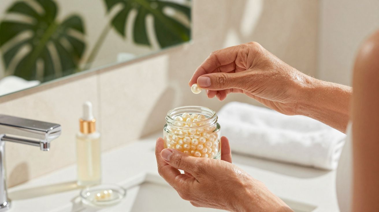 Mãos femininas segurando frasco com cápsulas peroladas em banheiro com pia e planta ao fundo.