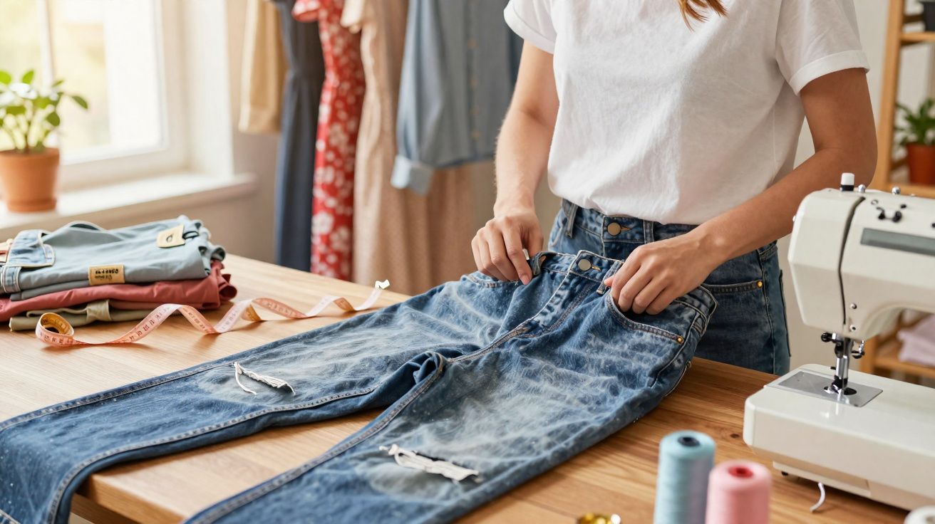 Pessoa ajustando calça jeans rasgada sobre mesa de madeira com máquina de costura e acessórios ao redor.