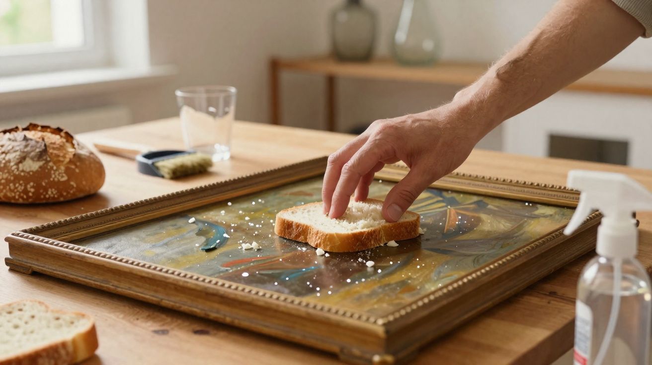 Mão espalhando migalhas de pão sobre quadro artístico apoiado em mesa de madeira.
