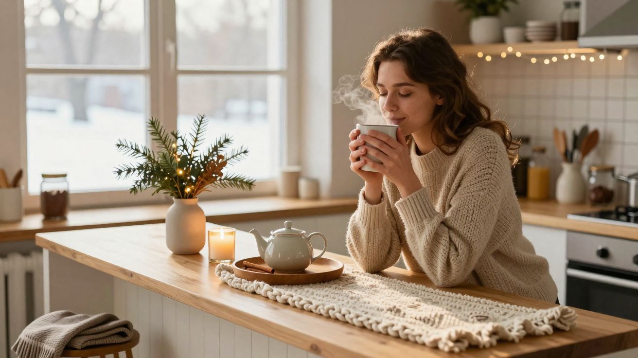 Mulher em cozinha aconchegante segurando xícara de chá quente com olhos fechados e sorriso suave.